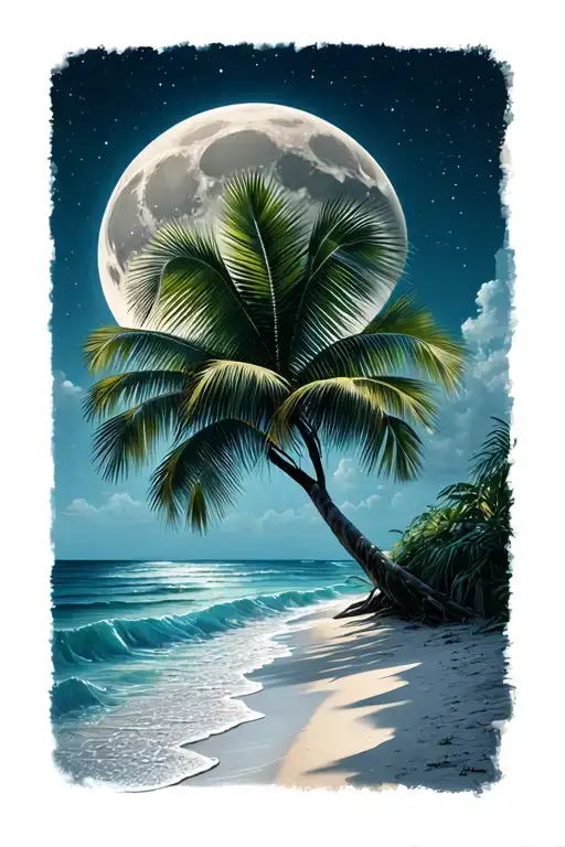 palmetto tree on beach with moon tattoo design idea