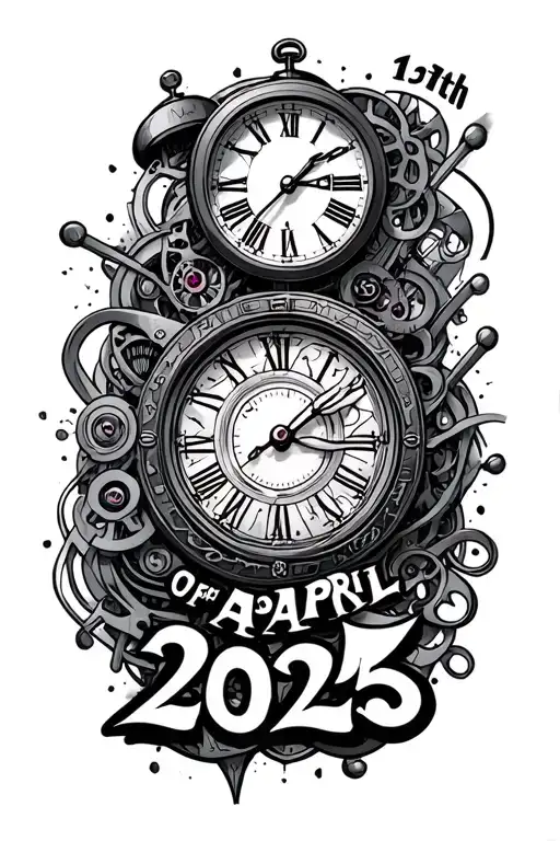 "13th of April 2025" clock mechanism intertwined tattoo design idea