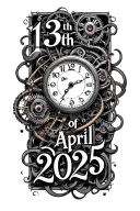 "13th of April 2025" clock mechanism intertwined tattoo design idea