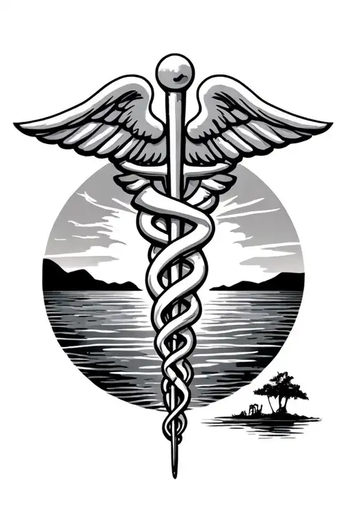 medical caduceus, long beach sunset tattoo design idea