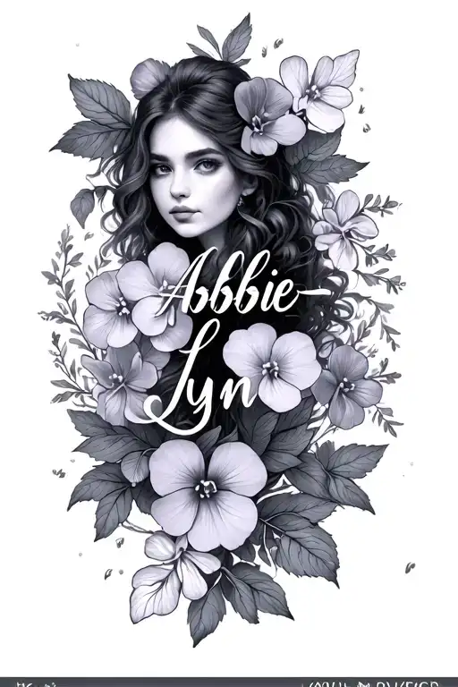 Abbie-Lynn written in script surrounded by violets and primrose tattoo design idea