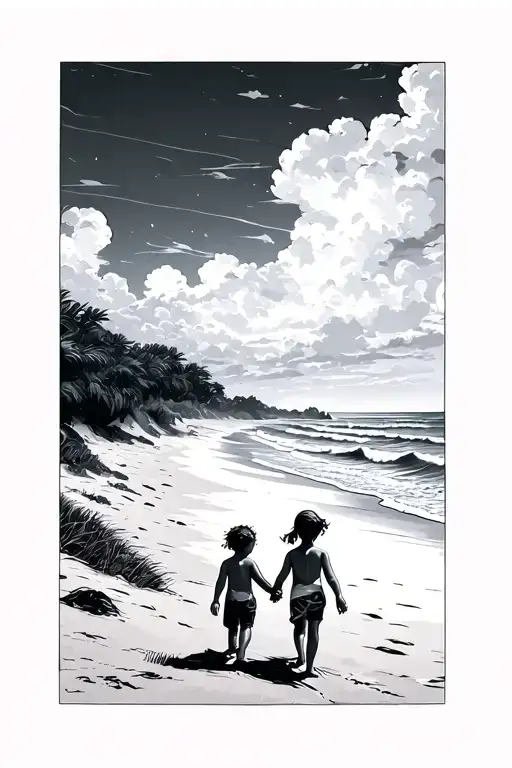 beach with large dune one side and a ocean on the other with two kids walking away holding hands tattoo design idea