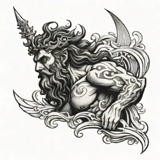 A tattoo design featuring a sleek and powerful Poseidon, the Greek god of the sea, incorporating elements of swim, bike, and run tattoo design idea