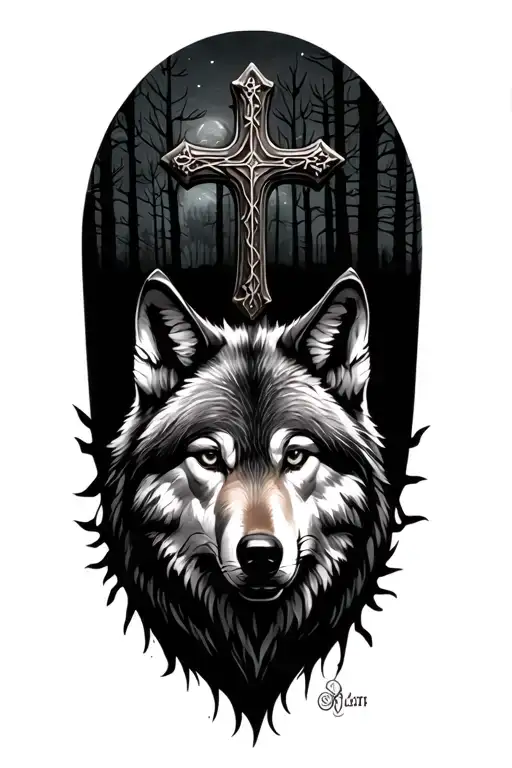 cross and wolfs head in a night forest scene tattoo design idea