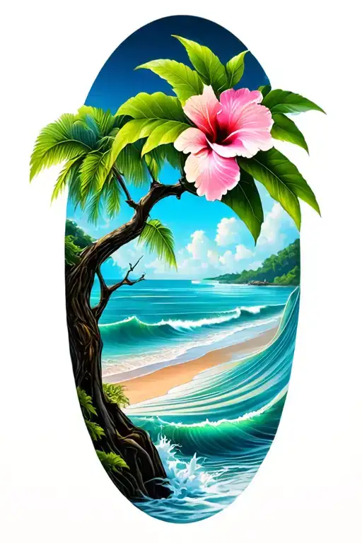banyan tree with hibiscus flower with waves and a beach tattoo design idea