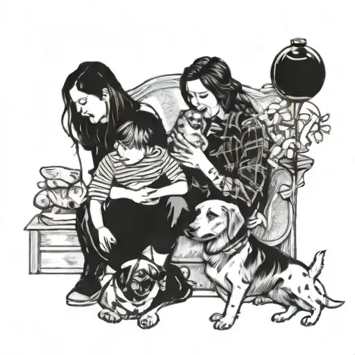 A heartwarming scene of a family gathering with a dog and a young nephew playing in the background, showcasing the client's love for family, pets, and children tattoo design idea
