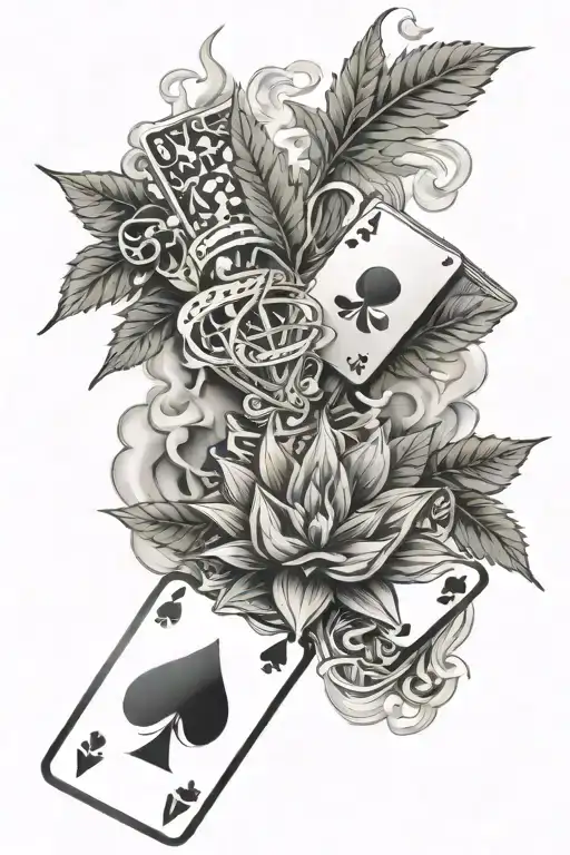 Marijuana flower, Cash, Aces Cards, smoke rising tattoo design idea