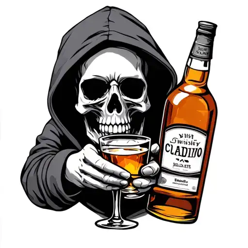 hoodie skull holding hands holding a whiskey glass in one hand and a whiskey bottle in the other hand tattoo design idea
