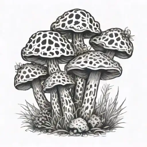 A realistic blackwork tattoo of a cluster of morel mushrooms growing in a natural setting tattoo design idea