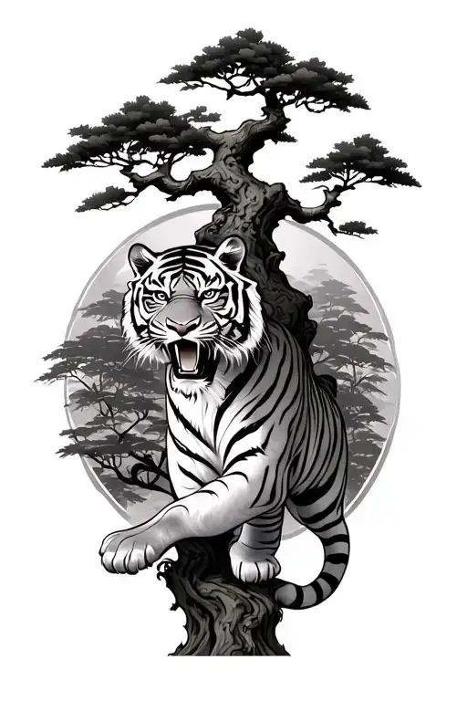a tiger descending a Japanese tree in orient style, the tiger need to have a powerful look but not a angry one.  tattoo design idea