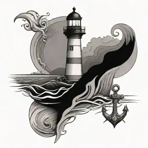 simple anchor, ocean waves and light house tattoo design idea