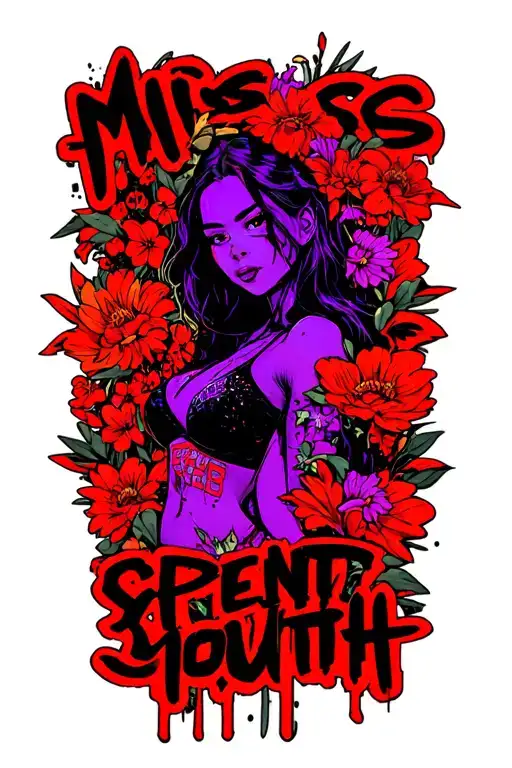 "Miss spent youth" sexy gta woman futuristic unmasking mostly blacks with hints of purples reds neon with flowers full coverage  tattoo design idea