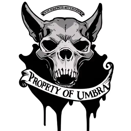 A hellhound skull facing forward with the text 'Property of Umbra' included tattoo design idea