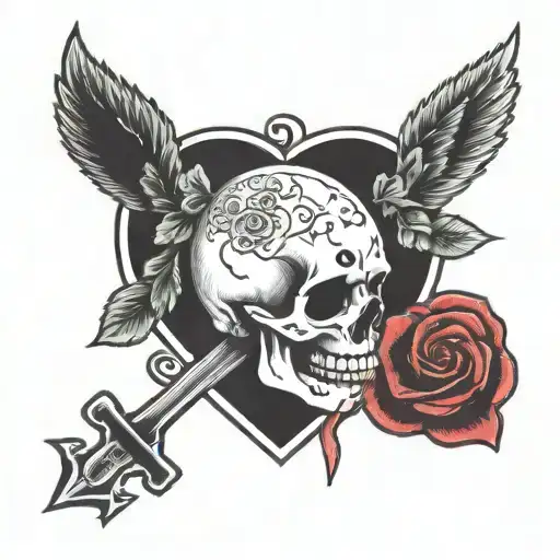 love is pain heart and skull wearing tattoo design idea