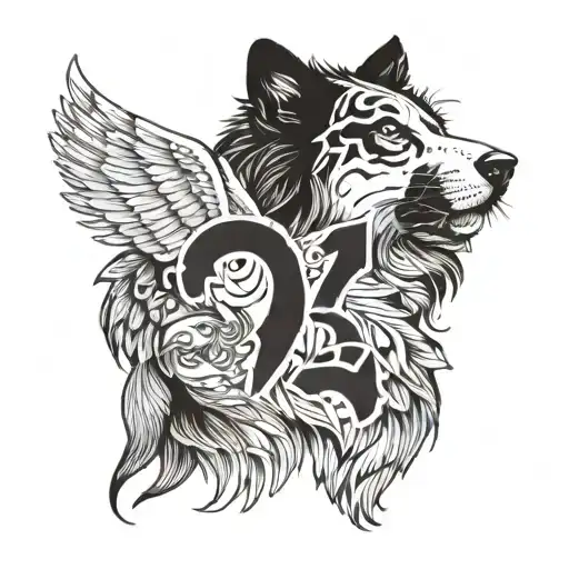 number 73, angel wings or tiger or border collie, black white tattoo design idea