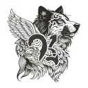 number 73, angel wings or tiger or border collie, black white tattoo design idea