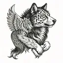 number 73, angel wings or tiger or border collie, black white tattoo design idea