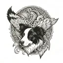 number 73, angel wings or tiger or border collie, black white tattoo design idea