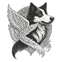 number 73, angel wings or tiger or border collie, black white tattoo design idea