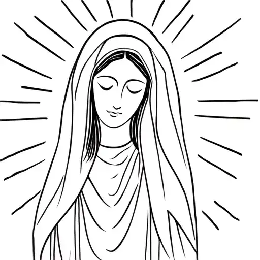 lady of Guadalupe long hair wearing veil sun rays around head looking slightly down to one side.  tattoo design idea