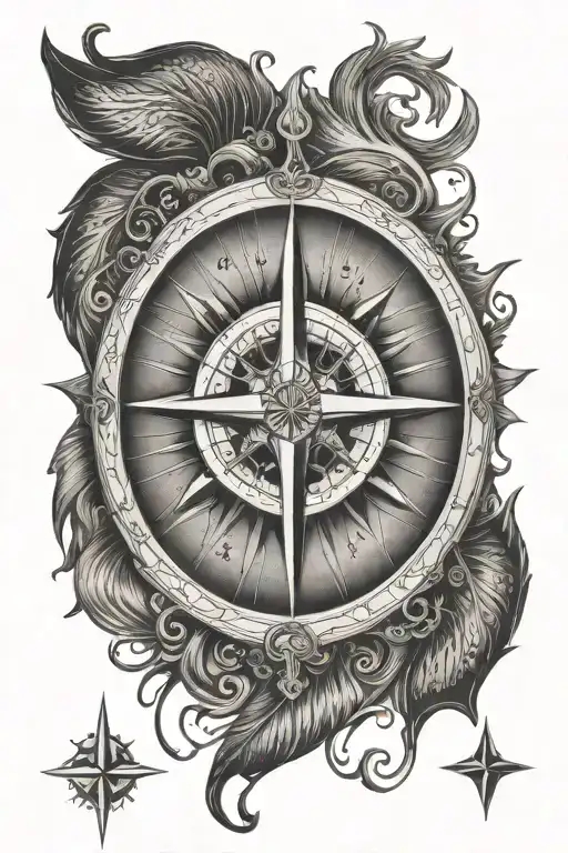 Design a tattoo of a compass rose with a Ford Mustang emblem in the center tattoo design idea