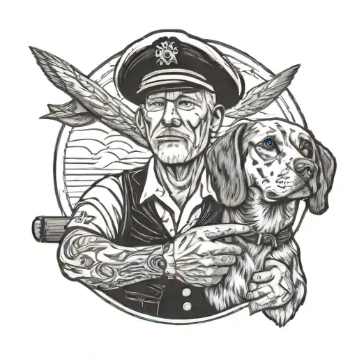 A blackwork portrait of a Navy veteran with a cigar in hand and their loyal dog by their side tattoo design idea