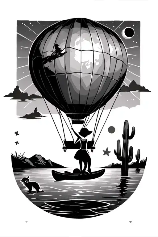 geometric shapes girl on swing from hot air balloon, Arizona sun with cactus, kayak on water, and raccoon under the moon tattoo design idea
