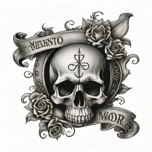 skull, hourglass and inscription memento mori tattoo design idea