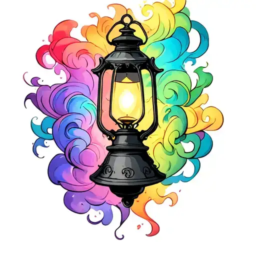Lantern of the cartoon Rapunzel in black line with colorful smoke tattoo design idea