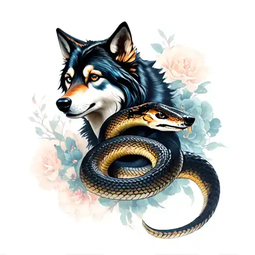 geisha wolf and snake wrapped tattoo design idea