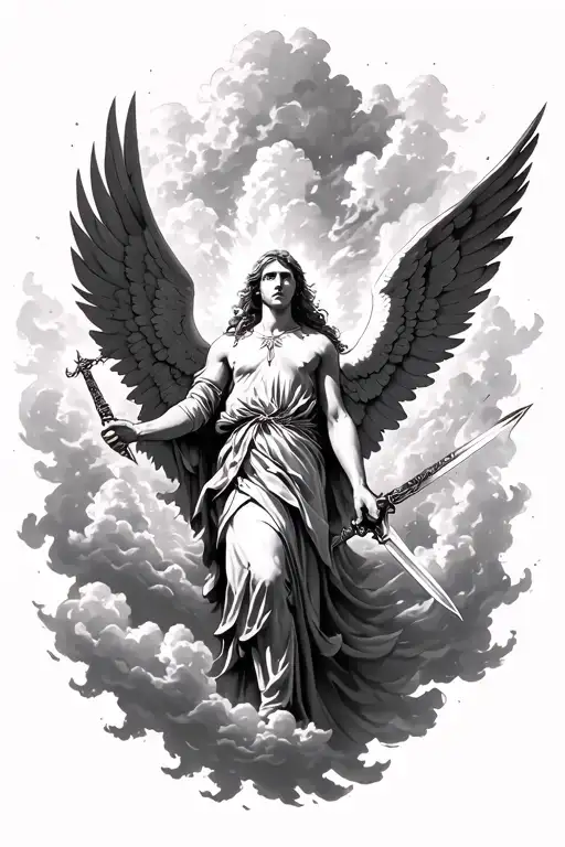 archangels in sky on clouds angels have swords banishing reminds down on fire  tattoo design idea
