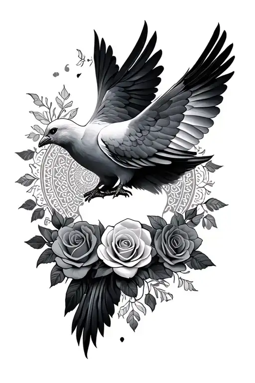 dove sitting ontop of a mandala that is intertwined with roses. tattoo design idea