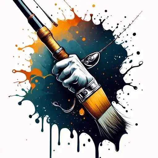 An intricate design of a fishing rod morphing into a paintbrush, with splashes of color and ink dripping down the arm tattoo design idea