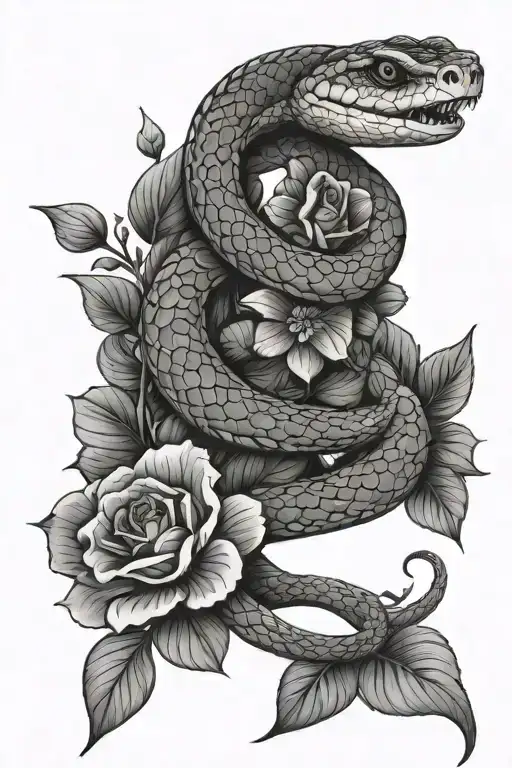 Snake with flowers and leaves intertwined tattoo design idea