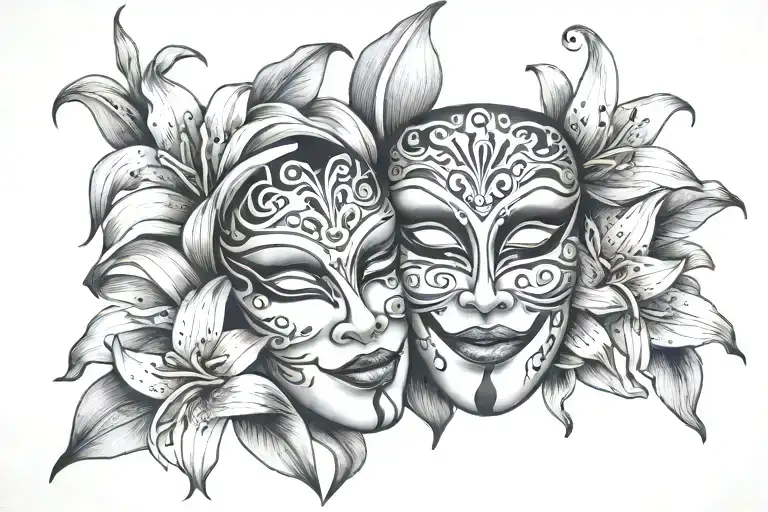 theatre mask with lillys blossoming tattoo design idea