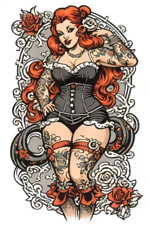 chubby Redhead goth pinup girl standing sexy tattoo design idea
