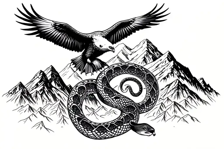 mountain range with coca leaves and a condor and a mountain lion climbing and a snake use pachamama spiral tattoo design idea
