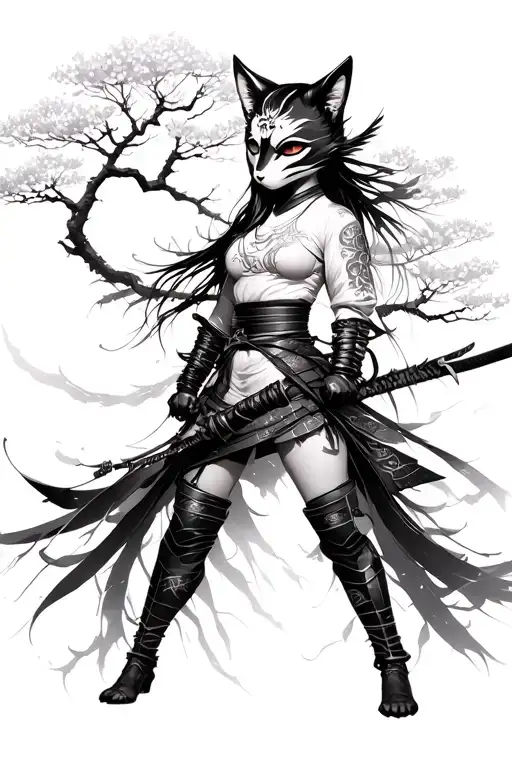 samurai woman with a kitsune mask and a sakura tree behind her tattoo design idea