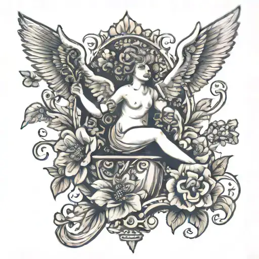 a leg tattoo with flowers on the bottom and cherubs flying tattoo design idea