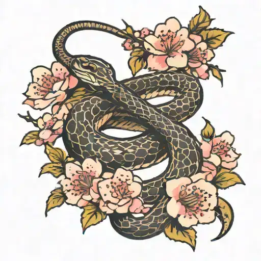 snake with an  arrow going through it with Japanese cherry blossoms around it tattoo design idea
