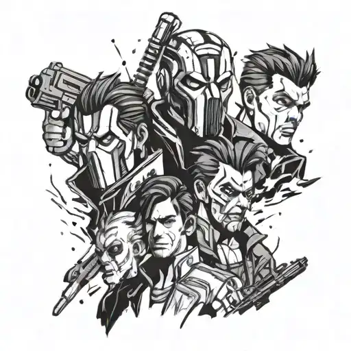 borderlands character, kreig, axton, zero, handsome jack, roland, and brick fighting for a psycho mask tattoo design idea