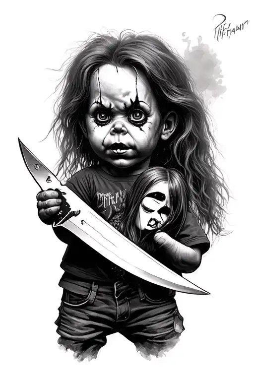 chucky holding a knife with tiffany in it tattoo design idea