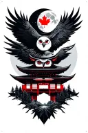 Video game controller, moon, canada flag, owl, japanese forest with temple, eagle tattoo design idea