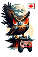 Video game controller, moon, canada flag, owl, japanese forest with temple, eagle tattoo design idea