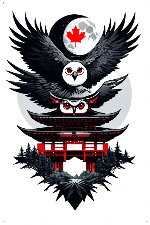 Video game controller, moon, canada flag, owl, japanese forest with temple, eagle tattoo design idea