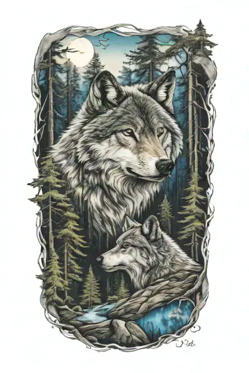wolf blue eyes howling forest landscape tattoo design idea