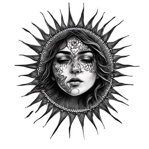 A sophisticated charcoal sketch and dot work tattoo design for a woman's leg. A serene, beautiful female sun face and an tattoo design idea