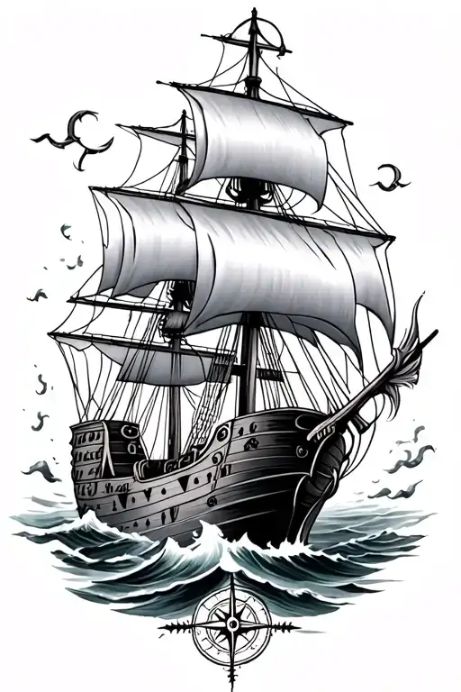 pirate ship, anchor, compass, mermaid, storm tattoo design idea