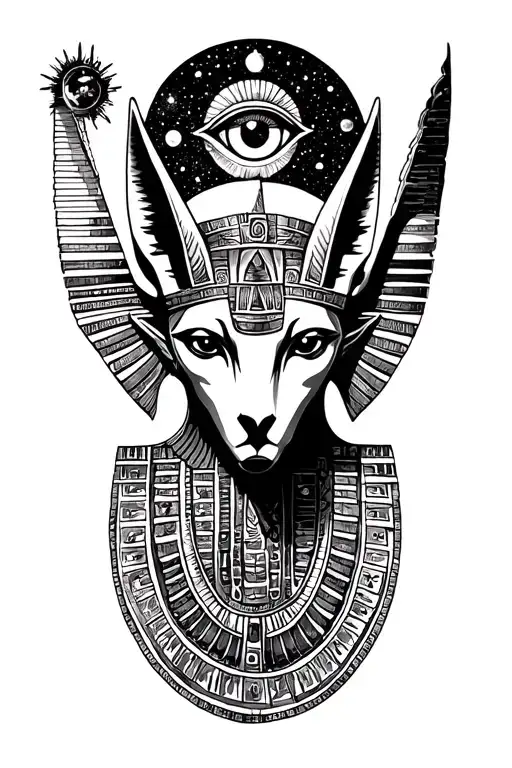 egyptian and mayan Space Theme With Cosmic Anubis and all seeing eye Tattoo tattoo design idea