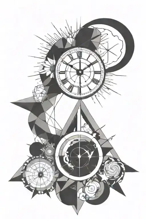Clock with 12:00 AM as main focus. With the moon, the sun and the earth, with a small capricorn sign tattoo design idea